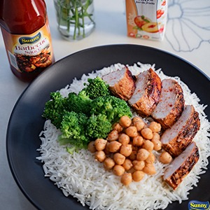 Sunny BBQ Chicken with rice, broccoli and Roasted Sunny Chickpeas Recipe